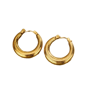 Retro 18K gold plated titanium steel hoop earrings with ribbed texture design for women
