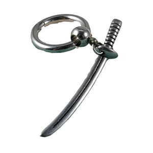 Polished stainless steel katana sword earring with silver finish on white background