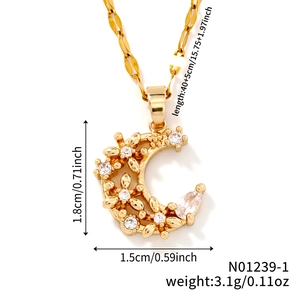 Detail showing dimensions of gold crescent moon pendant with zirconia flowers