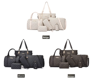 Detailed close-up of a 5-piece printed leather handbag set in beige, black and brown