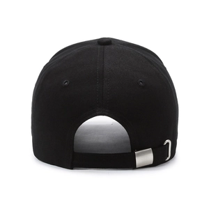 Rear view of black cotton baseball cap showing adjustable strap and silver metal buckle