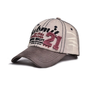 Detail of vintage baseball cap featuring 3D embroidery and suede brim on khaki twill fabric