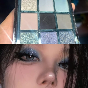 Macro detail of nine-color palette with blue shimmer and matte powder eye makeup effect