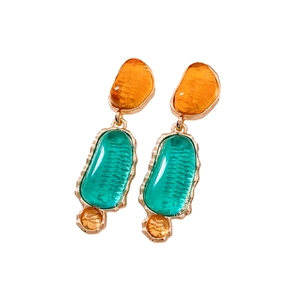 Vintage oval resin drop earrings with amber and peacock green geometric accents