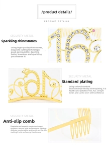 Macro view of gold 16th birthday crown with white rhinestones and anti-slip combs