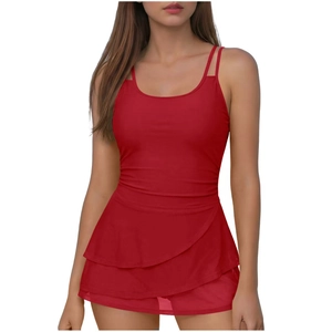 Detailed front view of a red one-piece swim dress with tiered ruffle hem and halter straps