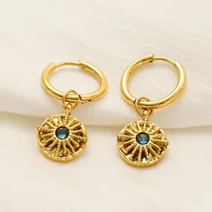 Elegant 18K gold plated stainless steel sunburst earrings with blue zircon stones