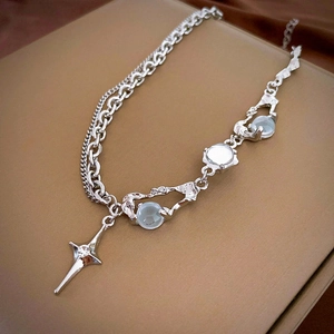 Star Pendant Necklace Copper With Resin Beads And Rhinestone Double Layer Y2K Liquid Metal Style For Women