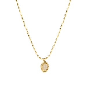 Vintage gold cat eye stone pendant necklace with elegant beaded chain and embossed frame