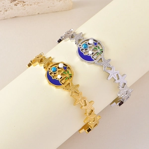 Bracelet Jonc Étoile De Mer Acier Inoxydable Thème Océan Cocotier Étoile Lune Émail Bijoux Vacances Femmes