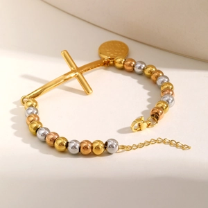 Tricolor beaded stainless steel bracelet with horizontal cross and round charm pendant