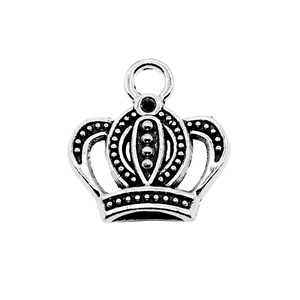 Silver vintage crown pendant with embossed details and hanging ring on white background