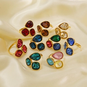 Farbenfroher Zirkonia Offener Ring Edelstahl Vergoldet Drei Steine Wassertropfen Birne Quadratisch Verstellbarer Schmuck
