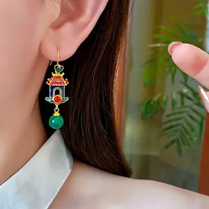 18K gold plated pavilion earrings with colorful enamel and translucent green beads