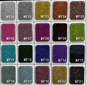 Color chart showing 20 glitter acrylic material samples with MF model codes for clipboard