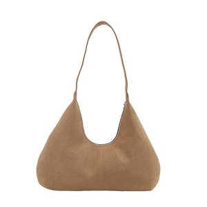 Minimalist brown suede hobo shoulder bag for women with sleek retro design and slim strap