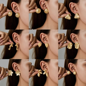 Geometric Stud Earrings 18K Gold Plated Stainless Steel Textured Leaf Seahorse Round Faux Artificial Pearl Vintage Jewelry For Women