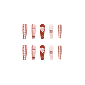 Long ballet press-on nails with red Christmas sweater texture and glitter hearts