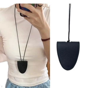 Black leather neck key pouch necklace with lychee texture and minimalist strap design