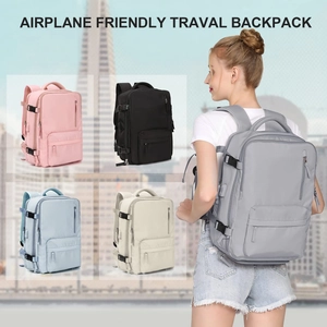 Airplane friendly travel backpack in grey, pink, black, blue, and beige colors