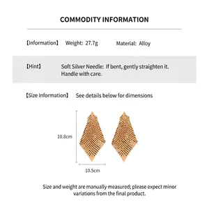 Detailed view of large golden mesh triangle earrings with dimensions and weight specs