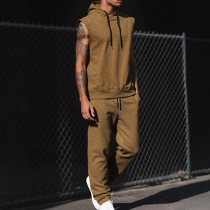 Men's mustard hooded sleeveless sweatshirt and jogger pants street style sports set