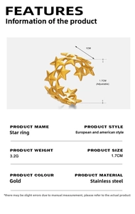 Detail view of adjustable gold star ring made of stainless steel with dimensions and specs