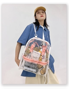 Detail view of large capacity transparent PVC backpack with pink straps on a model
