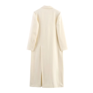 Single-breasted off-white longline blazer coat for women featuring a minimalist back view
