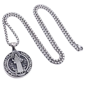 Religious silver stainless steel round medallion pendant with cross and Latin engraving