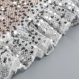 Macro detail of silver sequins on mesh fabric for a shimmering sexy party dress