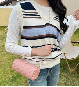 Pink quilted cylinder bag with gold chain strap shown on outdoor lawn detail