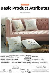 Detail of 45x45cm gold stamped Christmas cushion cover showing fabric and care icons