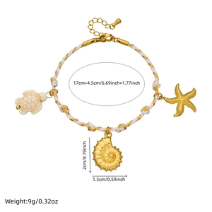 Marine theme woven bracelet with starfish pendants and dimensions in soft lighting
