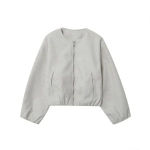 Women's light grey crew neck zip-up jacket with ribbed cuffs and side pockets