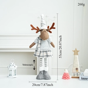 Detail of telescopic plush reindeer doll in grey with dimensions and functional labels