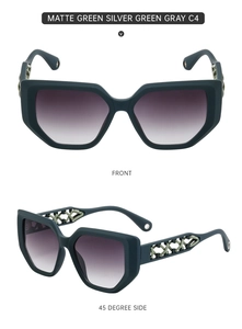Detailed front and side view of matte green cat eye sunglasses with woven hollow temples