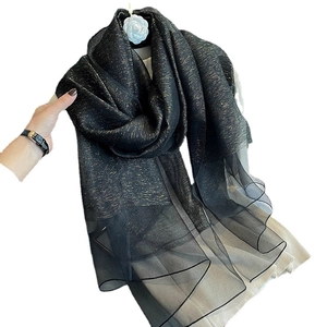 Minimalist double-layer black silk scarf with gold thread trim and sheer mesh edges