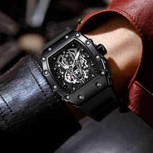 Waterproof tonneau-shaped skeleton quartz watch with black rubber strap for men