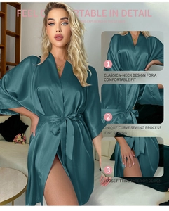 Détail du peignoir en satin sarcelle avec col en V, ceinture et finitions de couture