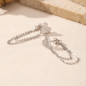 Elegant s925 silver irregular heart earrings with sparkling tassel chains on stone base