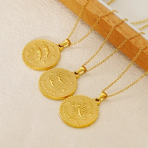 Vintage 18K Gold Plated Stainless Steel Zodiac Pendant Necklace Round Coin Zodiac Sign Medallion For Women Men Fashion