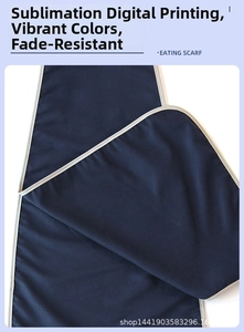 Close-up of a waterproof dark blue adult eating scarf with premium grey piped edges