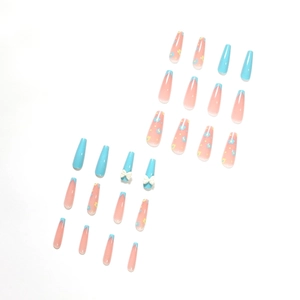 Blue coffin press-on nails with floral patterns and 3D white bow decorations
