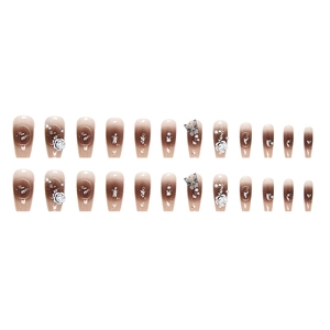 Deep coffee gradient ballerina press-on nails with 3D camellia and butterfly accents