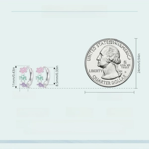 Size chart showing S925 silver flower earring dimensions compared to a coin