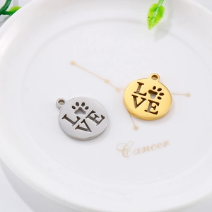 Round Pendant Charm Stainless Steel Hollow Love Letter Dog Paw Print For DIY Jewelry Making Accessory Fashion Women