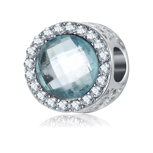 Polished silver alloy charm bead featuring light blue cat eye stone and sparkling crystals