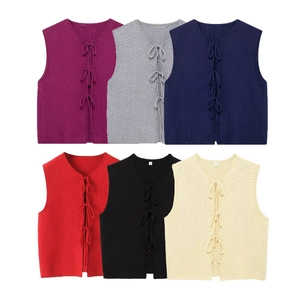 Women Knitted Vest Polyester Acrylic Tie Front Bow V Neck Sleeveless Solid Color Elegant Top