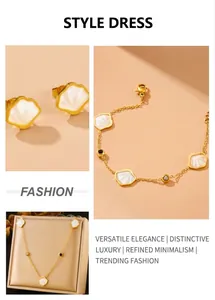 Macro detail of gold stainless steel jewelry set with white shell inlay and small crystals